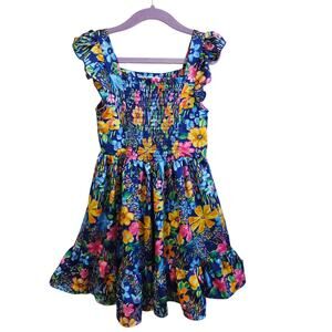 Nanette Girls Sz 6 Smocked Fit & Flare Dress Blue Mixed Tropical Floral Vacation
